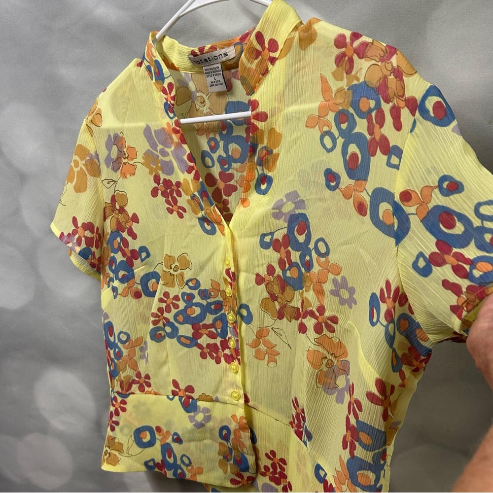 Notations yellow, orange, blue and purple floral button down sheer top - Picture 3 of 6